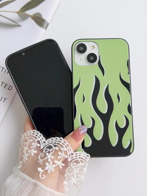 Green With Black Flames Design Glass Cover
