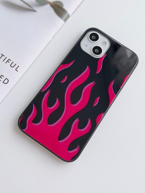 Black With Pink Flames Design Glass Cover