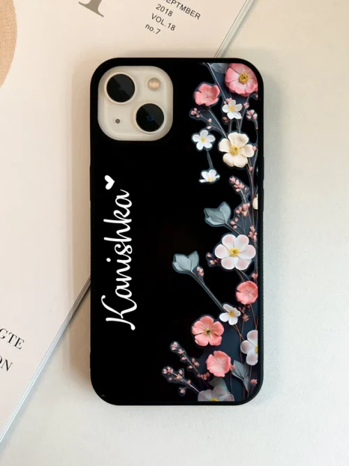 Black Elegance Floral Custom Name Glass Case