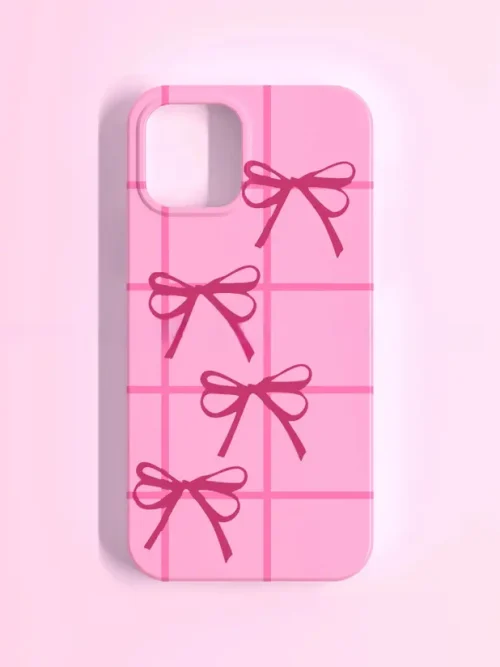 Pink Grid Bow Phone Case – Cute Ribbon Design with Soft Pastel Style