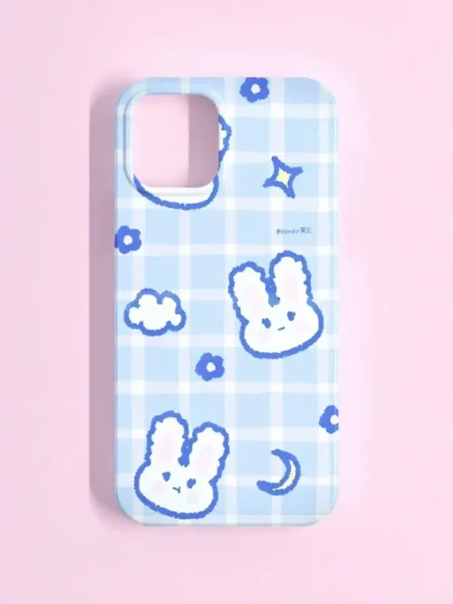 Kawaii Bunny & Cloud Checkered Phone Case – Cute Pastel Blue Design