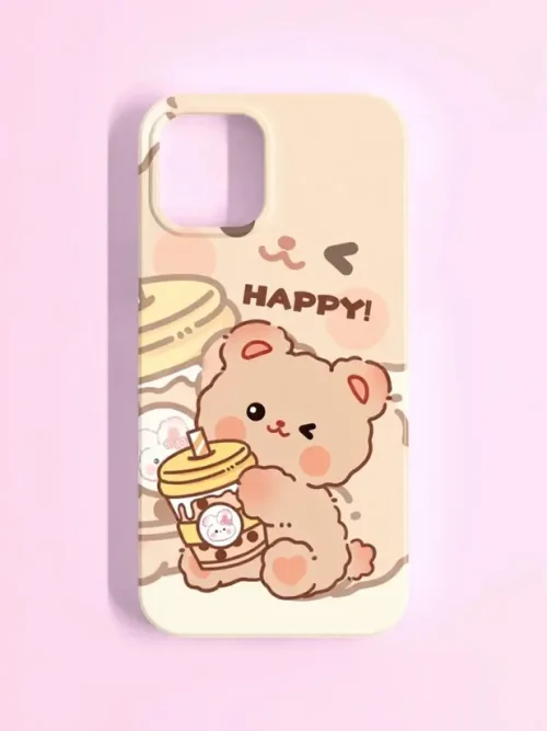 Kawaii Bear & Bubble Tea Phone Case – Cute Happy Cartoon Design