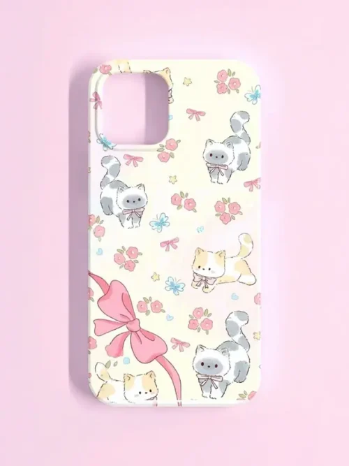 Kawaii Cat & Flower Phone Case – Cute Pastel Kitten Pattern