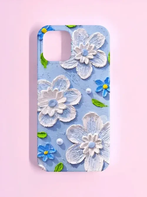 3D Blue Flower Phone Case – Textured Floral Design with Leaves & Pearls