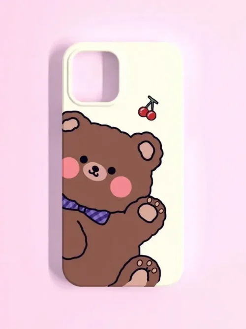 Cute Bear Phone Case – Kawaii Brown Teddy with Bow Tie & Cherry