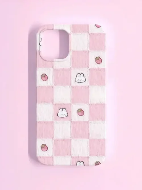 Kawaii Bunny & Strawberry Checkered Phone Case – Cute Pastel Design