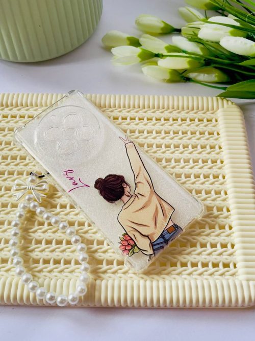 Peace & Tulips Girl Clear Phone Case with Pearl Chain