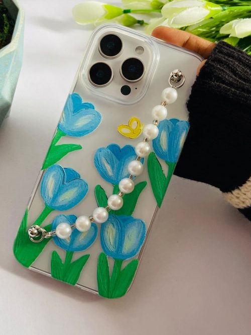 Blue Tulip Garden Hand-Painted Clear Phone Case with Pearl Strap