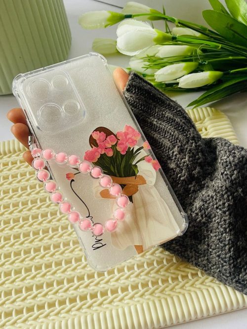 Pink Blooms Girl Clear Phone Case with Pink Beaded Chain