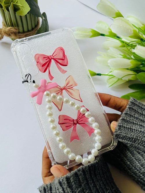 Pretty Pink Bows Clear Phone Case with Pearl Bracelet Strap