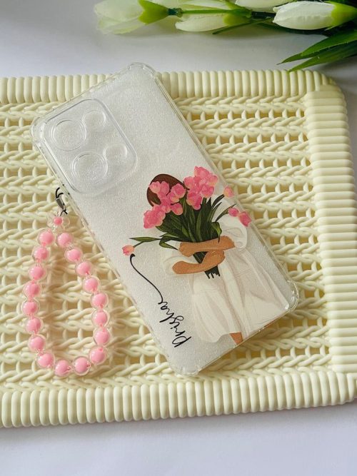 Blush Bouquet Girl Clear Phone Case with Pink Beaded Chain