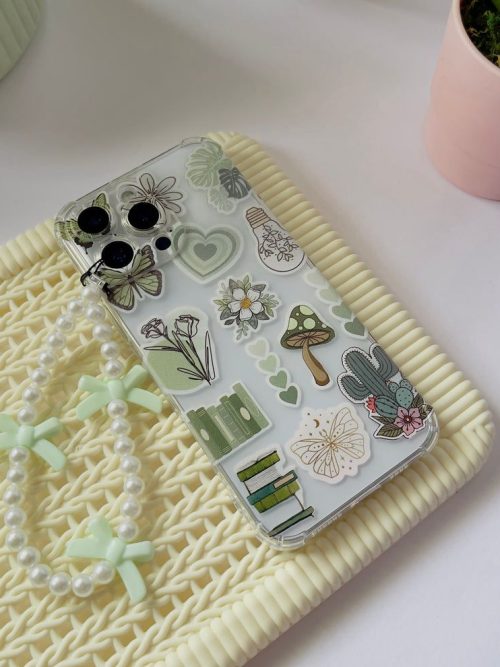Green Aesthetic Nature Stickers Clear Phone Case with Mint Bow Pearl Strap