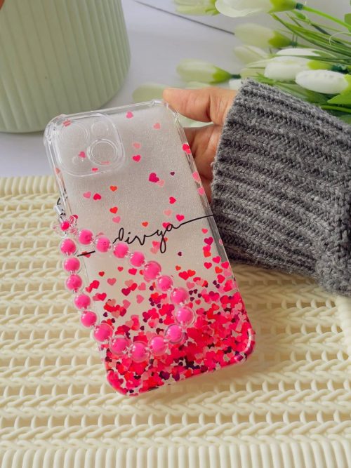 Pink Heart Confetti Clear Phone Case with Hot Pink Beaded Chain