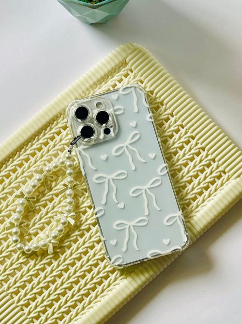 White 3D Bow & Heart Clear Phone Case with Pearl Bow Chain