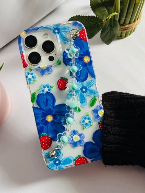Blue Blossom & Strawberry Clear Phone Case with Aqua Beaded Chain