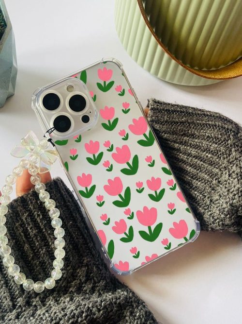 Pink Tulip Garden Clear Phone Case with Pearl Bow Strap