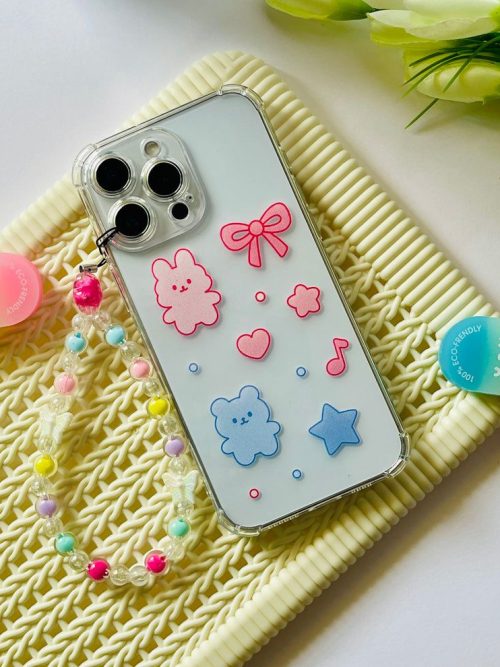 Kawaii Bear & Bunny Clear Phone Case with Pastel Beaded Chain