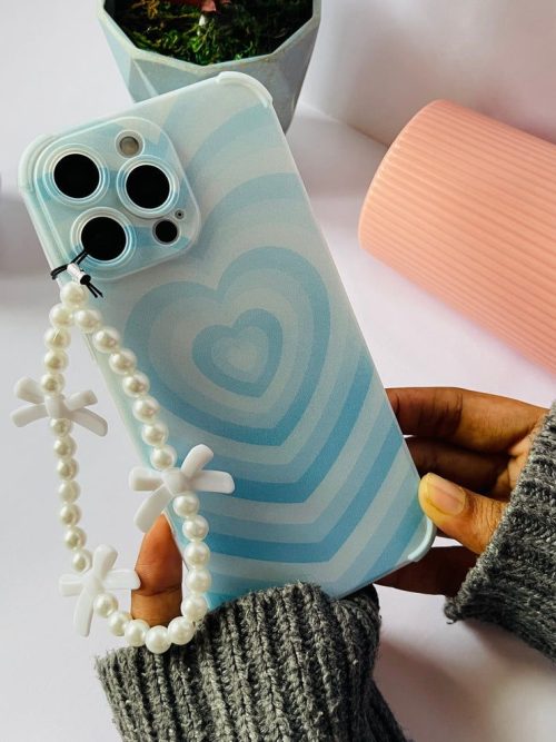 Blue Heart Gradient Clear Phone Case with Pearl Bow Chain