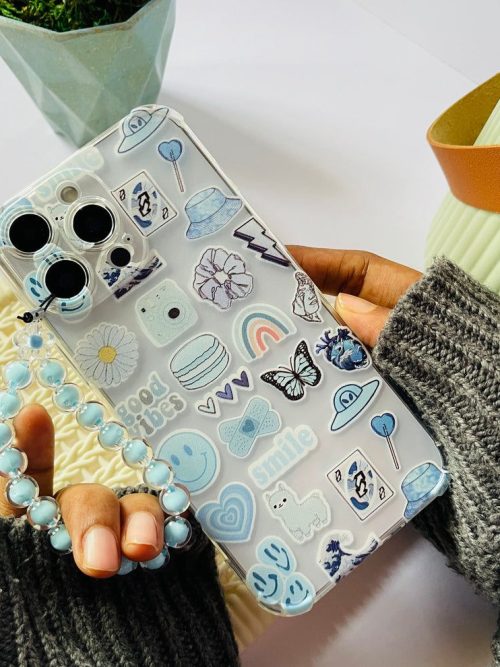 Blue Aesthetic Stickers Clear Phone Case with Sky Beaded Chain