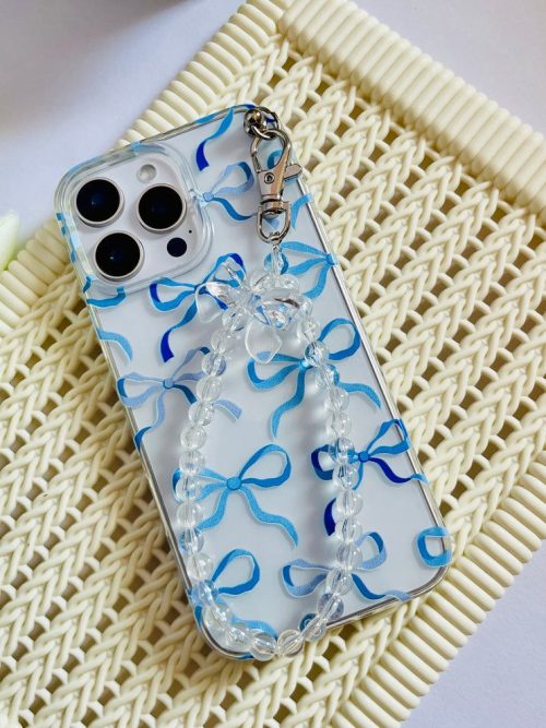 Blue Bow Pattern Clear Phone Case with Crystal Beaded Strap