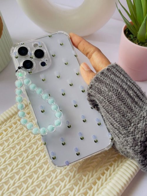 Mini Blue Tulips Clear Phone Case with Pastel Beaded Handle