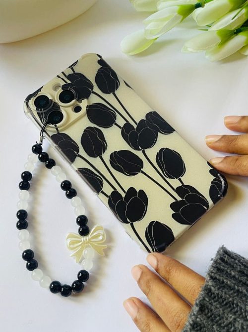 Black Tulip Clear Phone Case with Black & White Bow Bead Strap