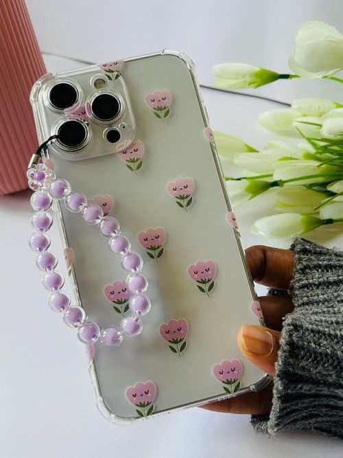 Pink Smiley Flower Clear Phone Case with Purple Bead Strap