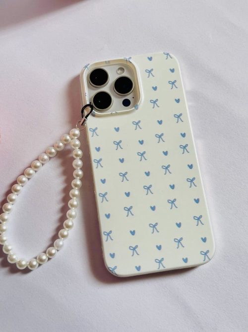 Blue Mini Bow Clear Phone Case with Pearl Strap