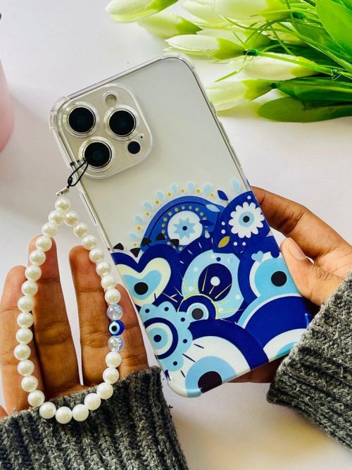 Blue Evil Eye Hearts Clear Phone Case with Pearl Bead Strap