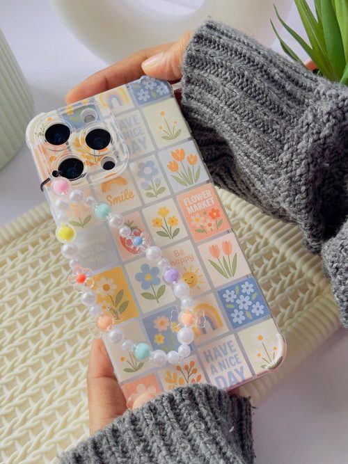Pastel Flower Market Clear Phone Case with Rainbow Beaded Strap