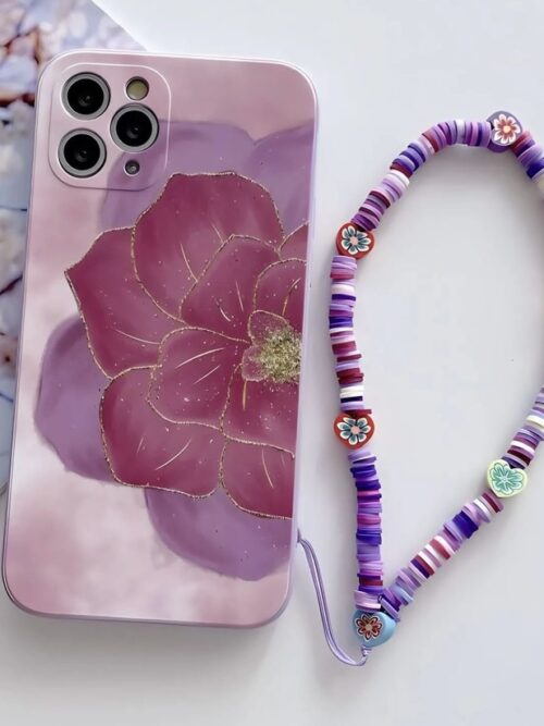 Purple Floral Glossy Phone Case with Colorful Bead Charm Strap