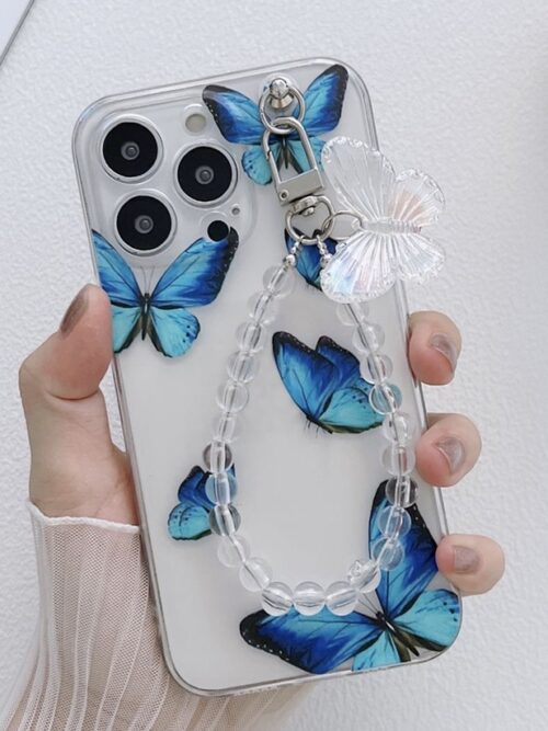 Blue Butterfly Clear Phone Case with Crystal Bead Strap