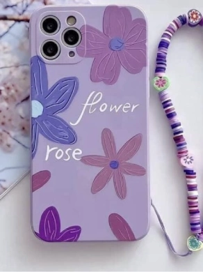 Lavender Flower Rose Printed Phone Case with Cute Beaded Strap