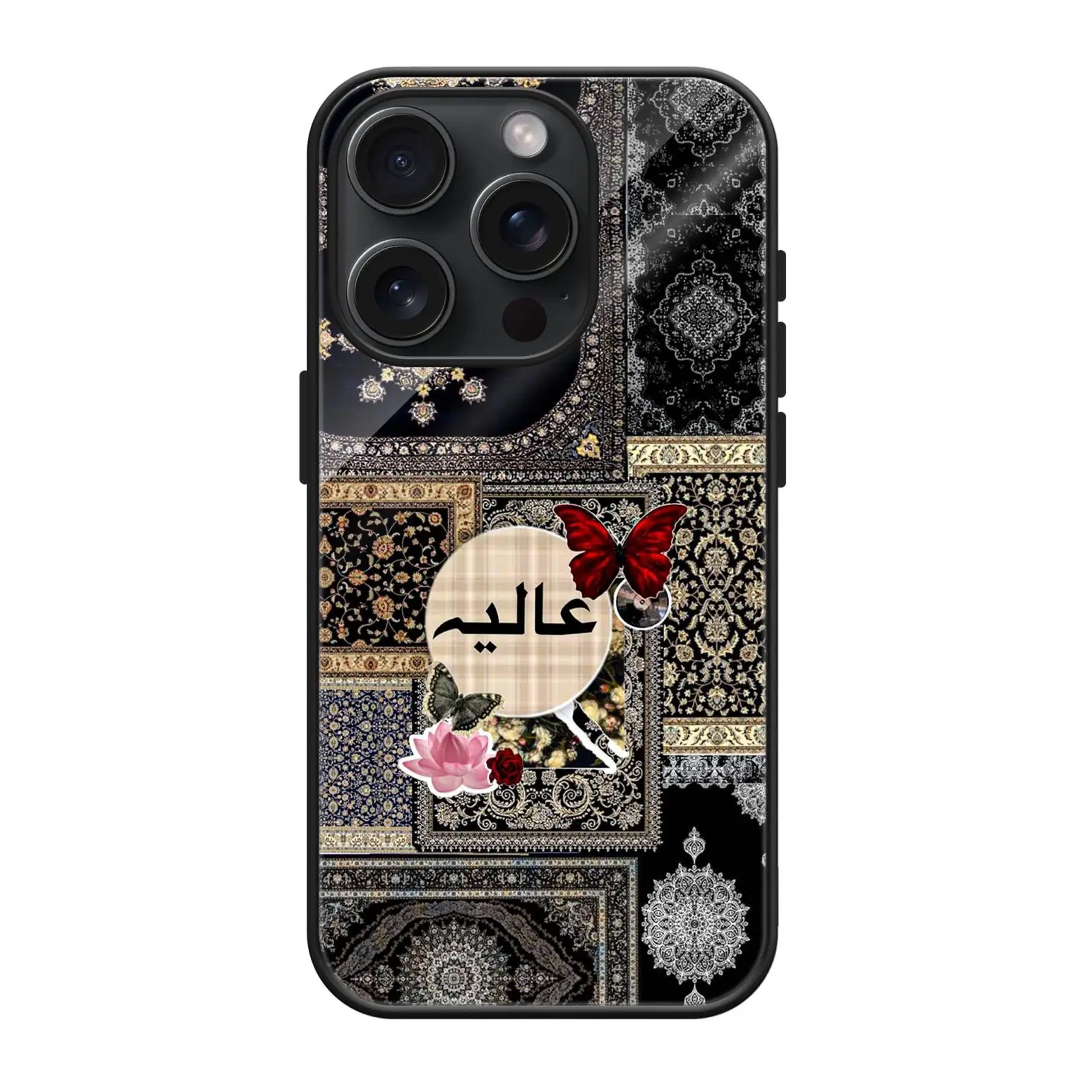 Aaliyah Black Persian Rug Pattern Glass Case  Phone Pro